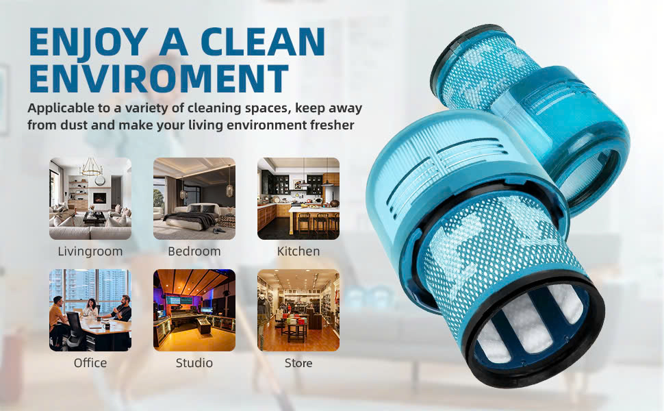 Dyson filters with icons of living room, office, studio, and kitchen
