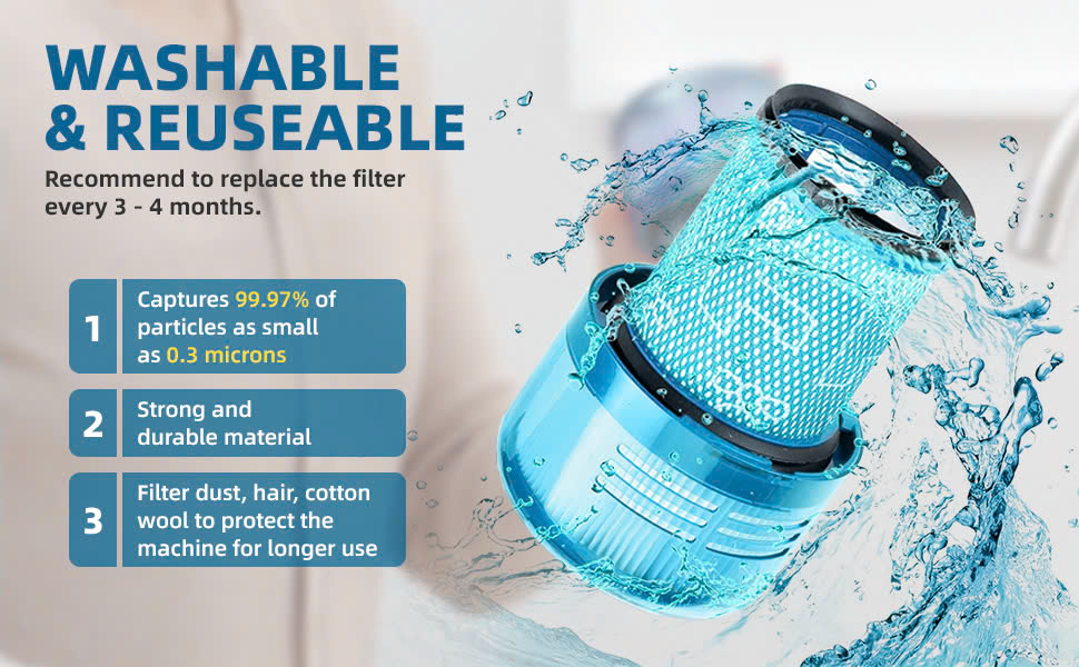 Blue Dyson V12 filter in splash water, highlighting reusability