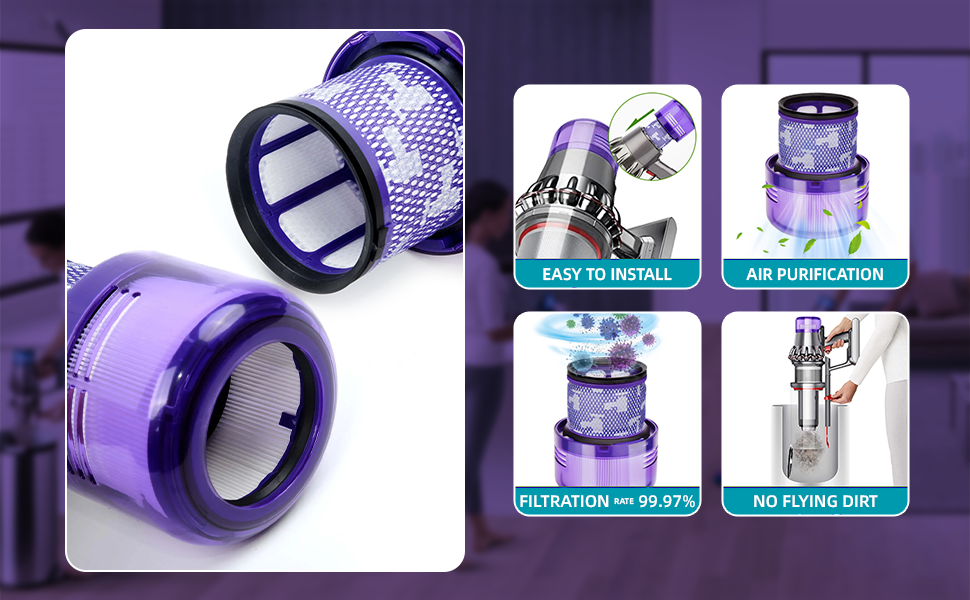 Feature blocks of Bee Filter highlighting install, air purification, and filtration rate 