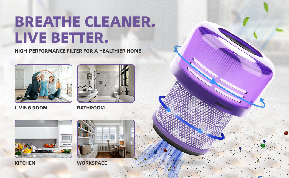 Bee Filter used in different rooms: living room, bathroom, kitchen, workspace 
