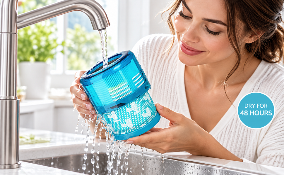 Gen5detect replacement filter rinsed under a stainless steel faucet with a 48 hour drying reminder